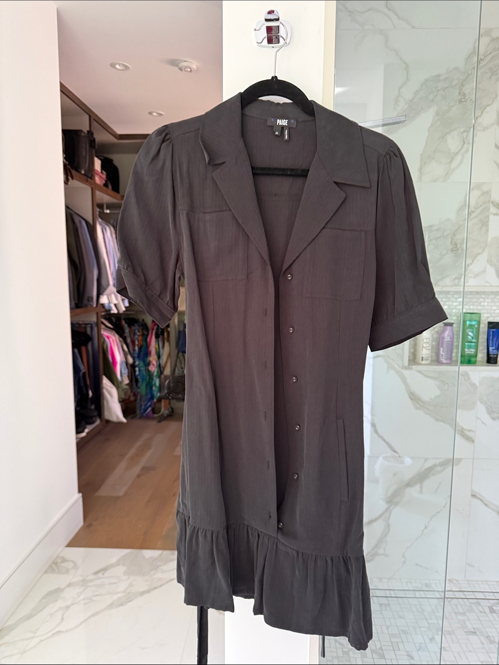 PAIGE Black Button-Front Ruffle-Hem Shirt Dress
